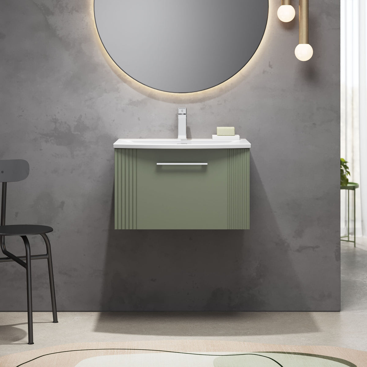 [BFPF894G] Belvide Retro Partial Fluted 1 Drawer Wall Hung Vanity Basin Unit with Curved Basin, Choice of Size and Colour - Lifestyle 1