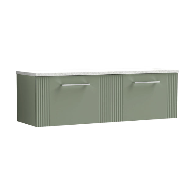 [BFPF894LSW2] Partial Fluted 2 Drawer Wall Hung Vanity Unit with Sparkling White Laminate Worktop - 1200mm - Satin Green - Cutout