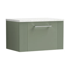 [BFPF894LSW] Partial Fluted 1 Drawer Wall Hung Vanity Unit with Sparkling White Laminate Worktop - 600mm - Satin Green - Cutout