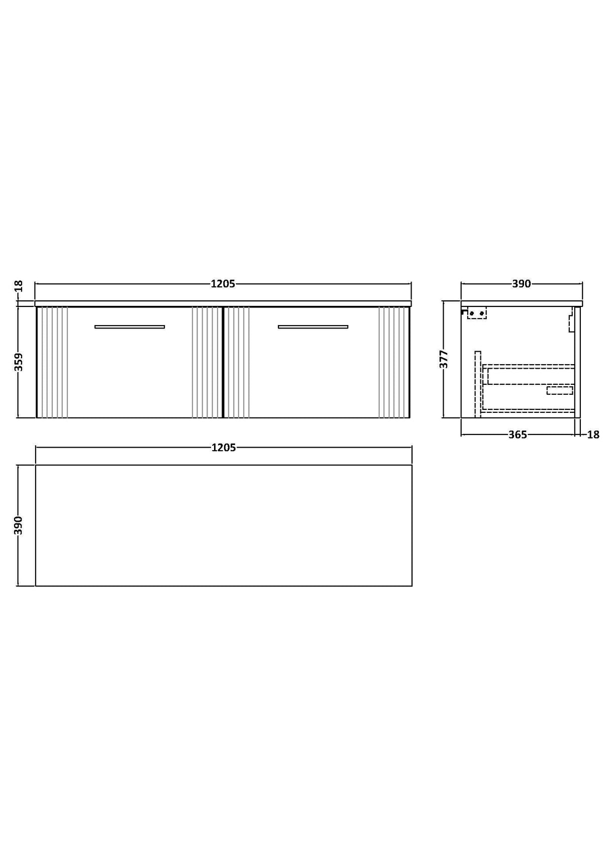 [BFPF894W2] Belvide Retro Partial Fluted 1 Drawer Wall Hung Vanity Unit with Colour Coordinating Worktop, Choice of Colour - Line Drawing