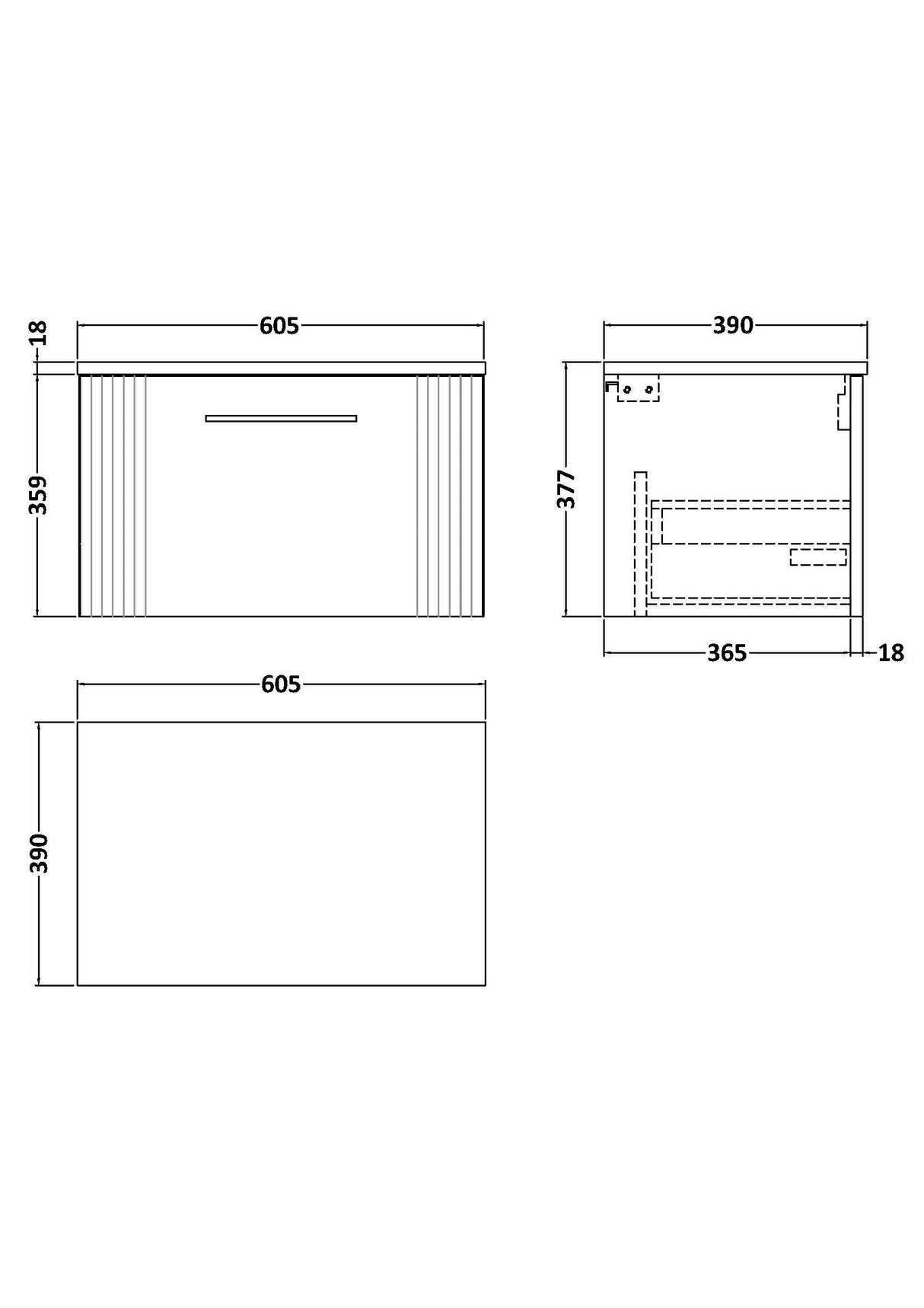 [BFPF894W] Belvide Retro Partial Fluted 1 Drawer Wall Hung Vanity Unit with Colour Coordinating Worktop, Choice of Size and Colour - Line Drawing