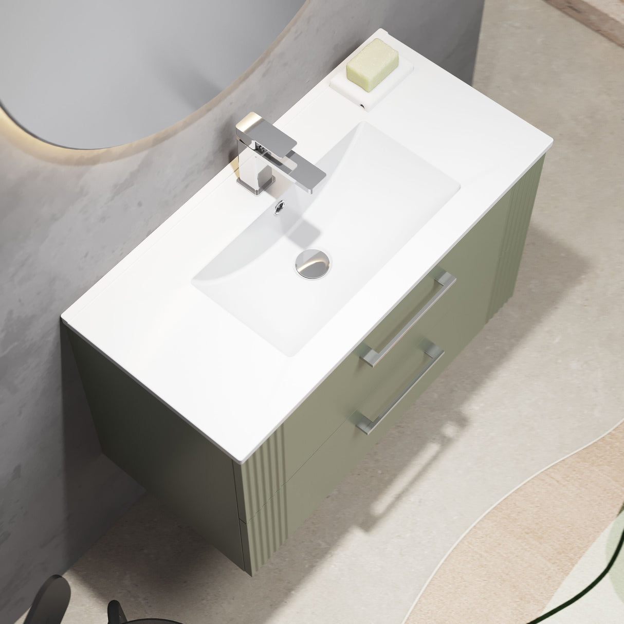 [BFPF895B] Belvide Retro Partial Fluted 2 Drawer Wall Hung Vanity Basin Unit with Minimalist Basin, Choice of Size and Colour - Lifestyle 2