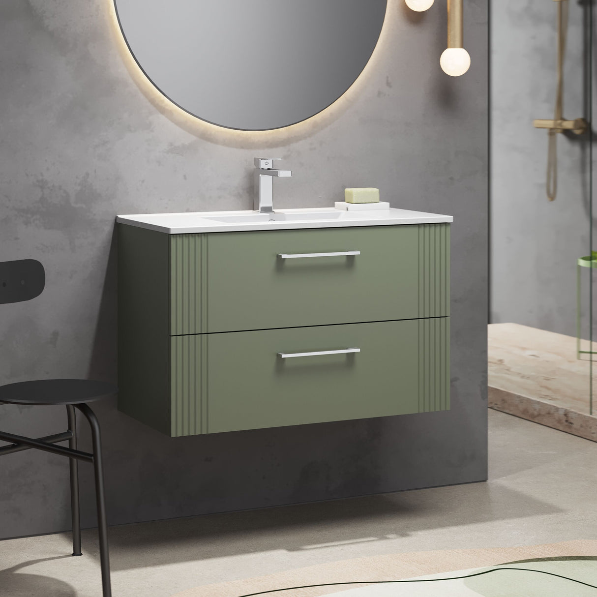 [BFPF895B] Belvide Retro Partial Fluted 2 Drawer Wall Hung Vanity Basin Unit with Minimalist Basin, Choice of Size and Colour - Lifestyle 3
