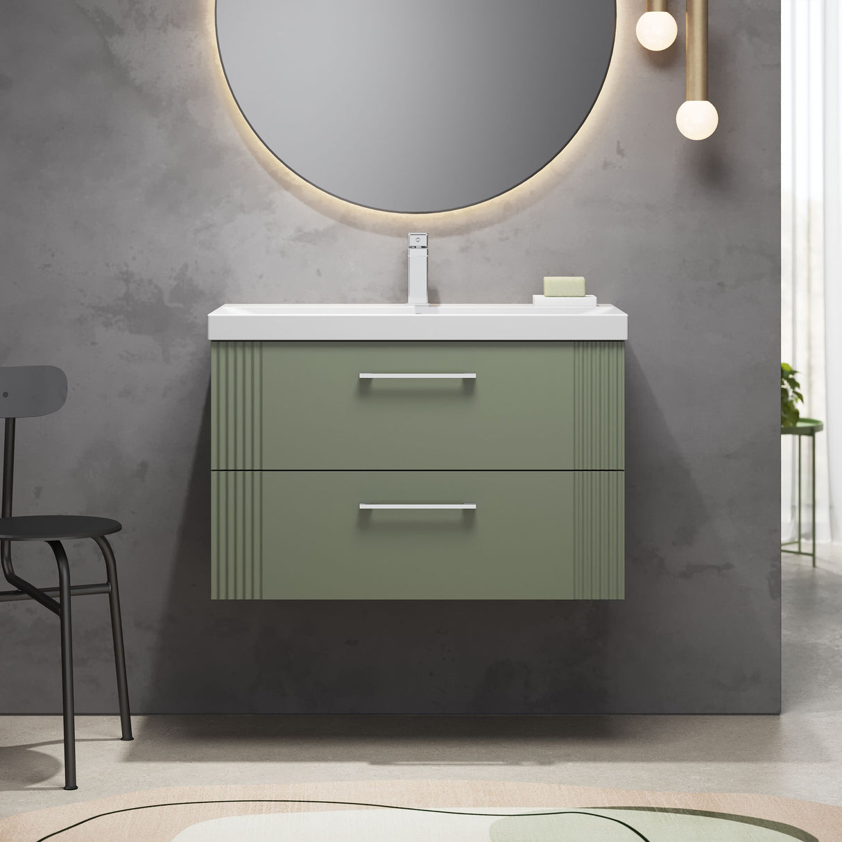 [BFPF895D] Belvide Retro Partial Fluted 2 Drawer Wall Hung Vanity Basin Unit with Thin-Edge Basin, Choice of Size and Colour - Lifestyle 1