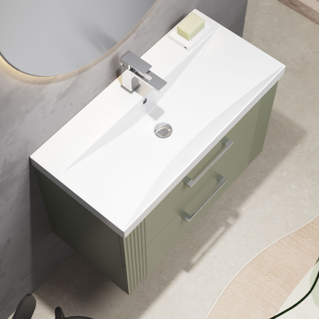 [BFPF895D] Belvide Retro Partial Fluted 2 Drawer Wall Hung Vanity Basin Unit with Thin-Edge Basin, Choice of Size and Colour - Lifestyle 2