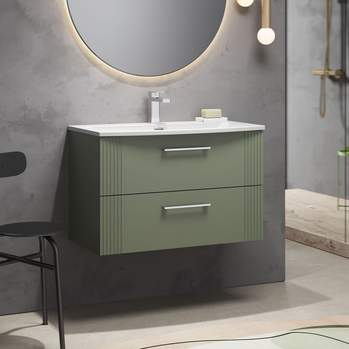 [BFPF895G] Belvide Retro Partial Fluted 2 Drawer Wall Hung Vanity Basin Unit with Curved Basin, Choice of Size and Colour - Lifestyle 3