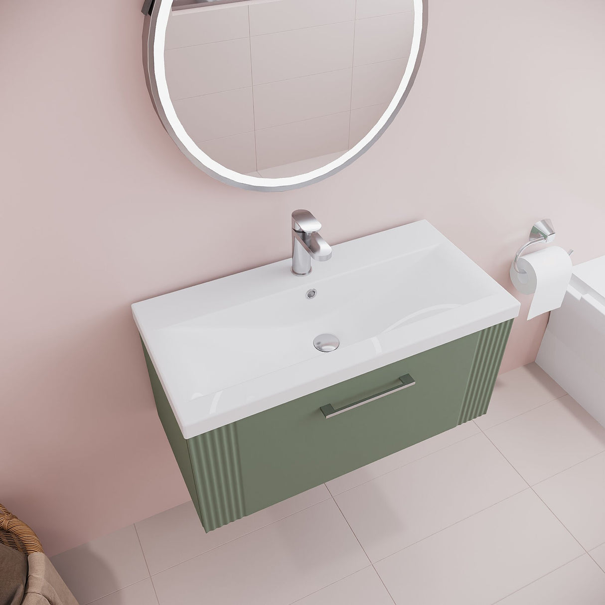 [BFPF896A] Belvide Partial Fluted 1 Drawer Wall Hung Vanity Unit with Mid-Edge 1 Tap Hole Ceramic Basin - Lifestyle 2