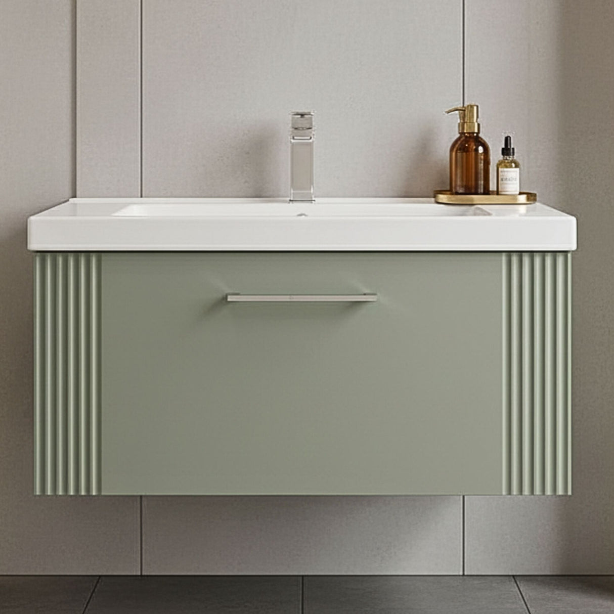 [BFPF896A] Belvide Partial Fluted 1 Drawer Wall Hung Vanity Unit with Mid-Edge 1 Tap Hole Ceramic Basin - Silo