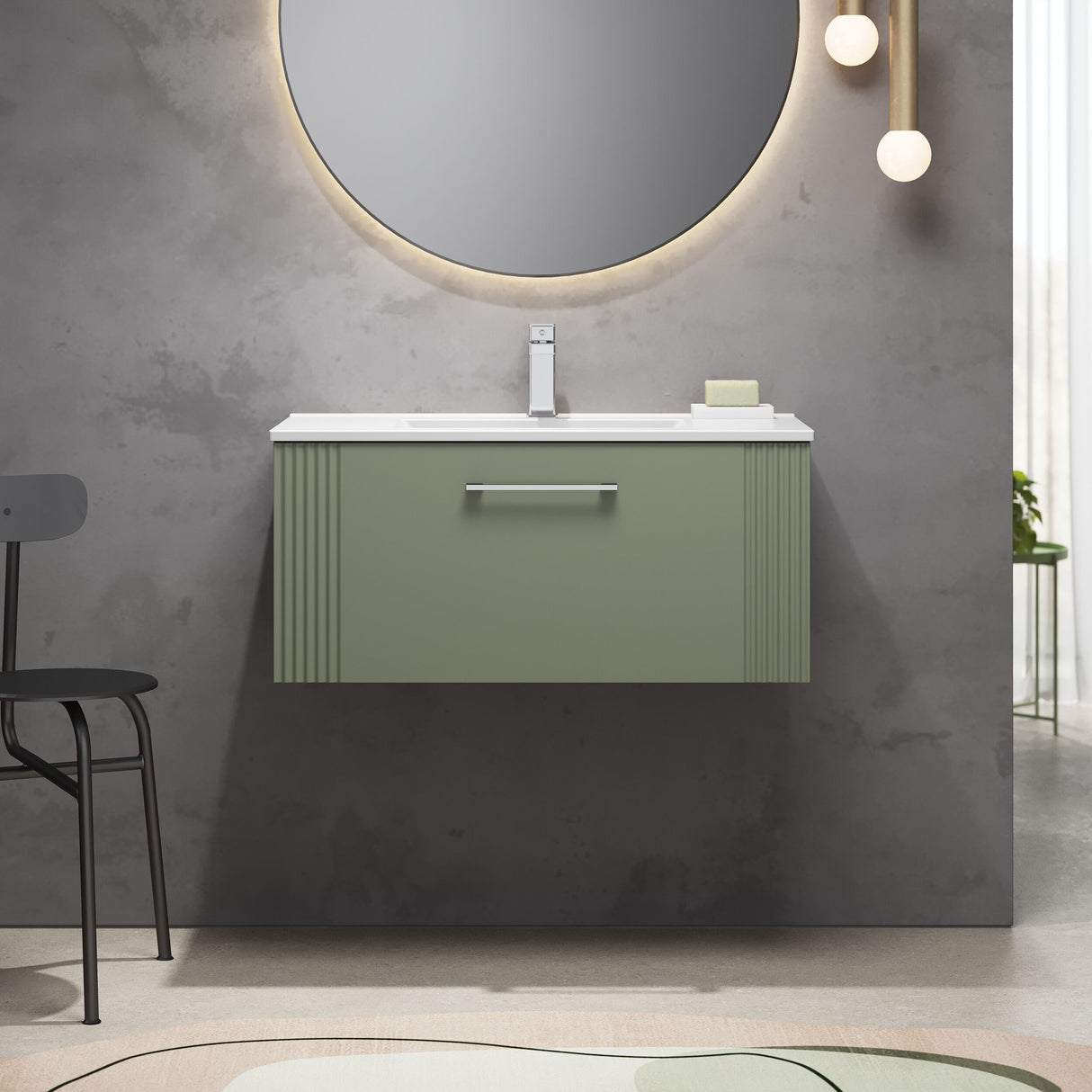 [BFPF896B] Belvide Retro Partial Fluted 1 Drawer Wall Hung Vanity Basin Unit with Minimalist Basin, Choice of Size and Colour