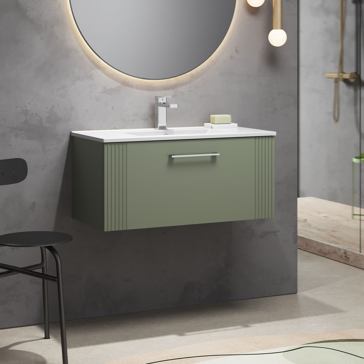 [BFPF896B] Belvide Retro Partial Fluted 1 Drawer Wall Hung Vanity Basin Unit with Minimalist Basin, Choice of Size and Colour