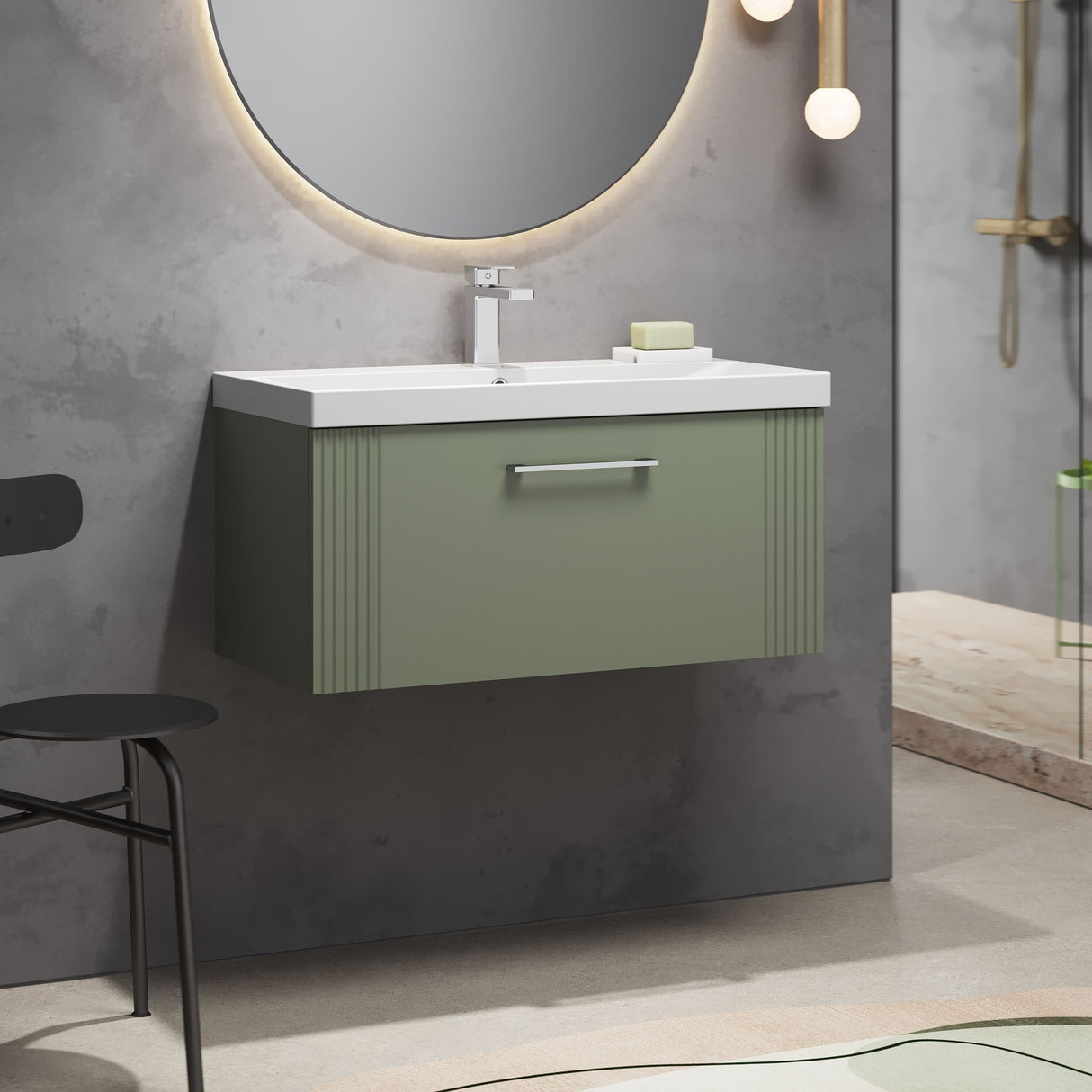 [BFPF896D] Belvide Retro Partial Fluted 1 Drawer Wall Hung Vanity Basin Unit with Thin-Edge Basin, Choice of Size and Colour - Lifestyle 3