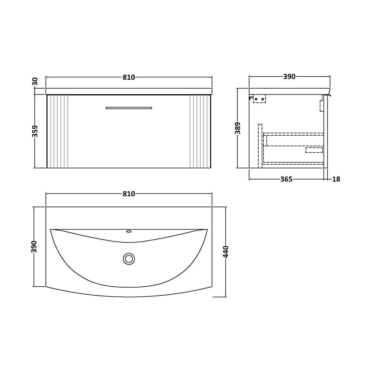 [BFPF896G] Partial Fluted 1 Drawer Wall Hung Vanity Unit with 1 Tap Hole Curved Basin- 800mm - Satin Green - Technical Drawing