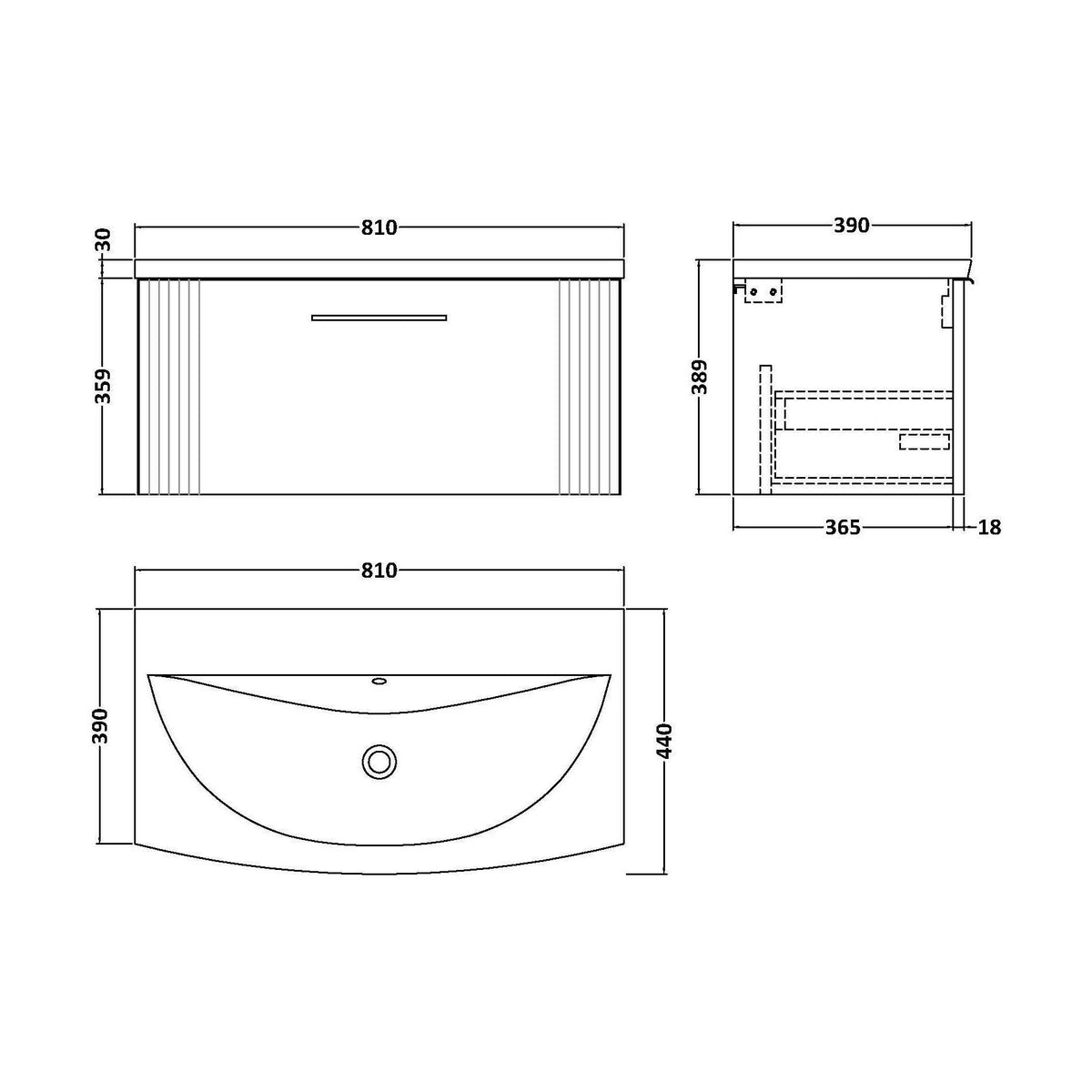 [BFPF896G] Belvide Retro Partial Fluted 1 Drawer Wall Hung Vanity Basin Unit with Curved Basin, Choice of Size and Colour - Technical Drawing