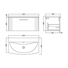 [BFPF896G] Belvide Retro Partial Fluted 1 Drawer Wall Hung Vanity Basin Unit with Curved Basin, Choice of Size and Colour - Technical Drawing