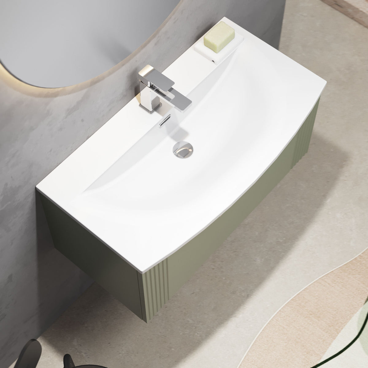 [BFPF896G] Belvide Retro Partial Fluted 1 Drawer Wall Hung Vanity Basin Unit with Curved Basin, Choice of Size and Colour - Lifestyle 2