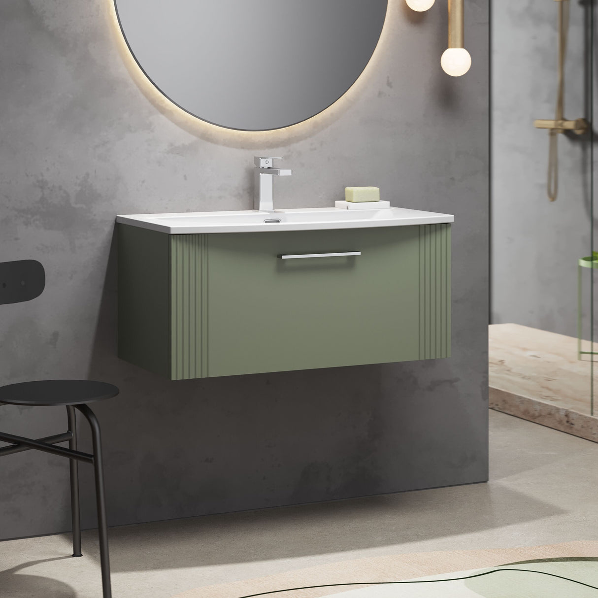 [BFPF896G] Partial Fluted 1 Drawer Wall Hung Vanity Unit with 1 Tap Hole Curved Basin- 800mm - Satin Green - Lifestyle 3