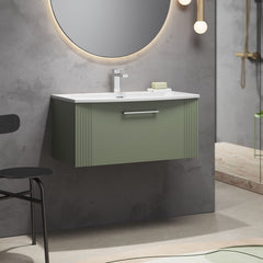 [BFPF896G] Partial Fluted 1 Drawer Wall Hung Vanity Unit with 1 Tap Hole Curved Basin- 800mm - Satin Green - Lifestyle 3