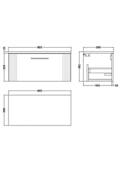 [BFPF896LCM] Belvide Retro Partial Fluted 1 Drawer Wall Hung Vanity Unit with Carrera Marble Laminate Worktop, Choice of Size and Colour - Line Drawing