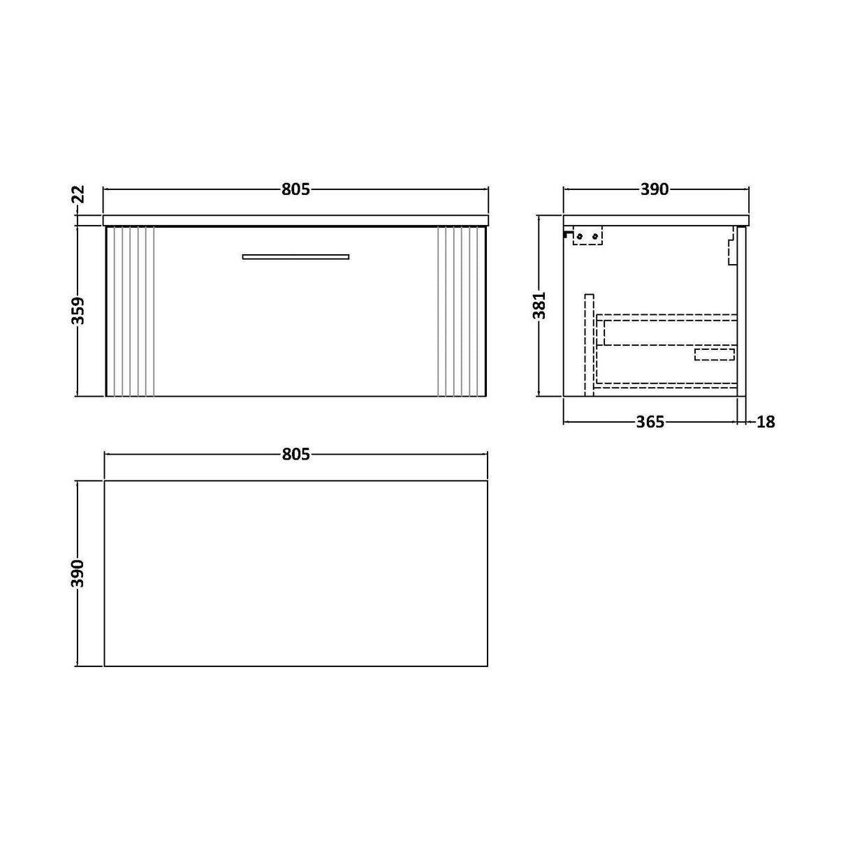 [BFPF896LSW] Belvide Retro Partial Fluted 1 Drawer Wall Hung Vanity Unit with Sparkling White Laminate Worktop, Choice of Size and Colour - Technical Drawing