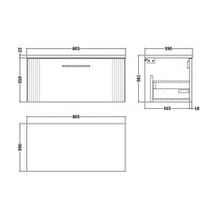 [BFPF896LSW] Belvide Retro Partial Fluted 1 Drawer Wall Hung Vanity Unit with Sparkling White Laminate Worktop, Choice of Size and Colour - Technical Drawing