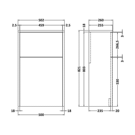 [BFPW2641] Floor Standing WC Toilet Unit (Pan & Cistern Not Included), 500mm - Textured Matt Metallic Slate - Technical Drawing