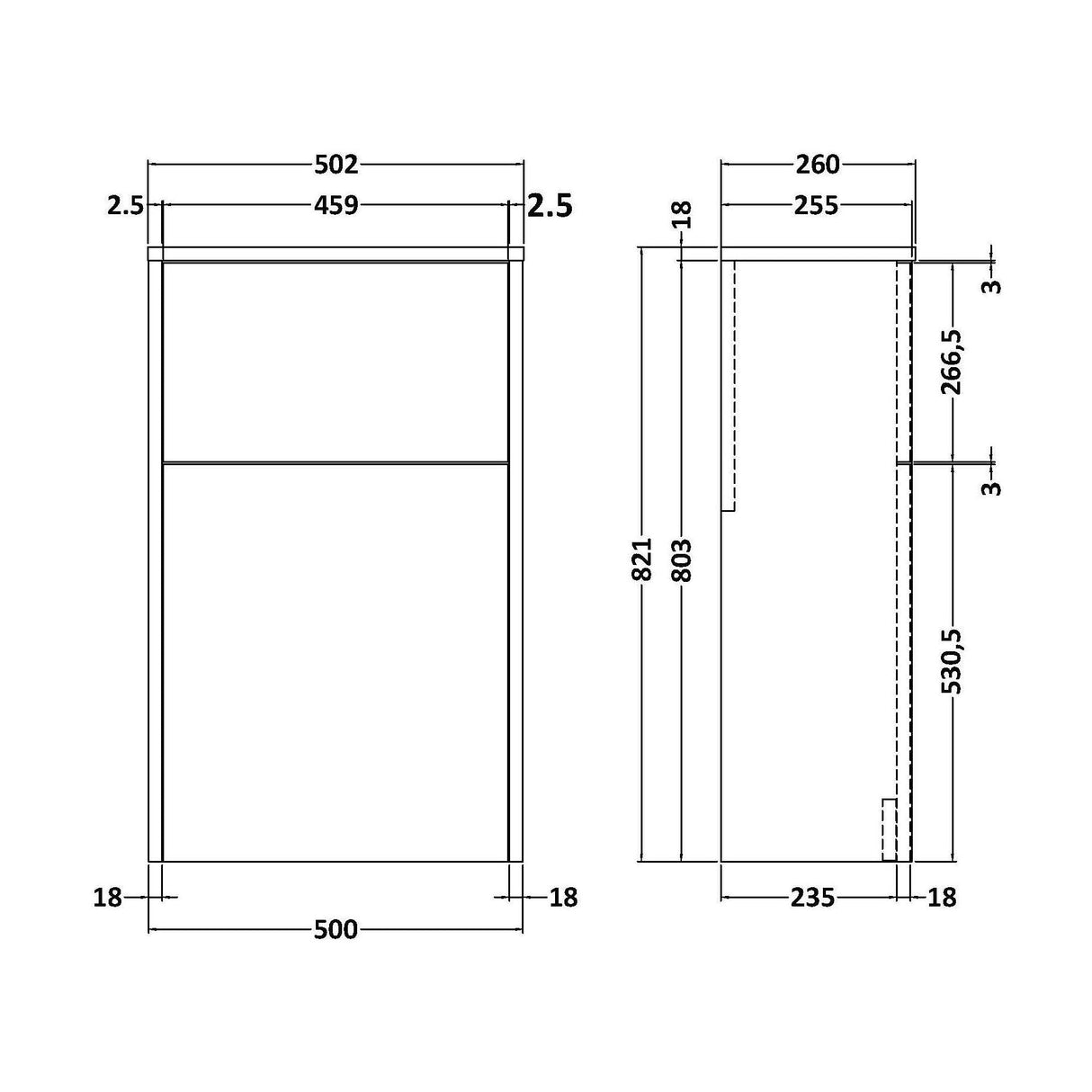 [BFPW2941] Chartley Floor Standing WC Toilet Unit (Pan & Cistern Not Included), 500mm, Choice of Finish - Technical Drawing
