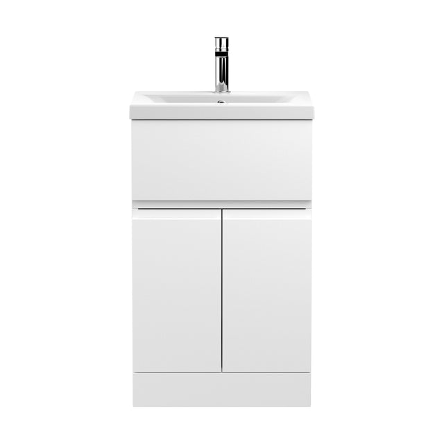 [BFRA101A] Mavesyn Contemporary 2 Door 1 Drawer Floor Standing Vanity Unit with Mid-Edge Basin, Satin White, 500mm - Cutout