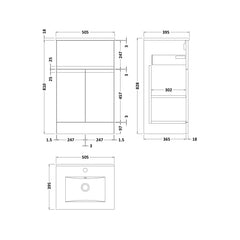 [BFRA101B] Mavesyn Contemporary 2 Door 1 Drawer Floor Standing Vanity Unit with Minimalist Basin - Choice of Size and Colour - Technical Drawing