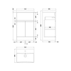 [BFRA101D] Mavesyn Contemporary 2 Door 1 Drawer Floor Standing Vanity Unit with Thin Edge Basin - Choice of Size and Colour - Technical Drawing