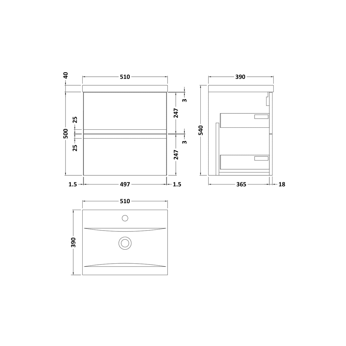 [BFRA102A] Mavesyn Contemporary 2 Drawer Wall Hung Vanity Unit with Mid-Edge Basin - Choice of Size and Colour - Technical Drawing