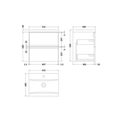 [BFRA102A] Mavesyn Contemporary 2 Drawer Wall Hung Vanity Unit with Mid-Edge Basin - Choice of Size and Colour - Technical Drawing