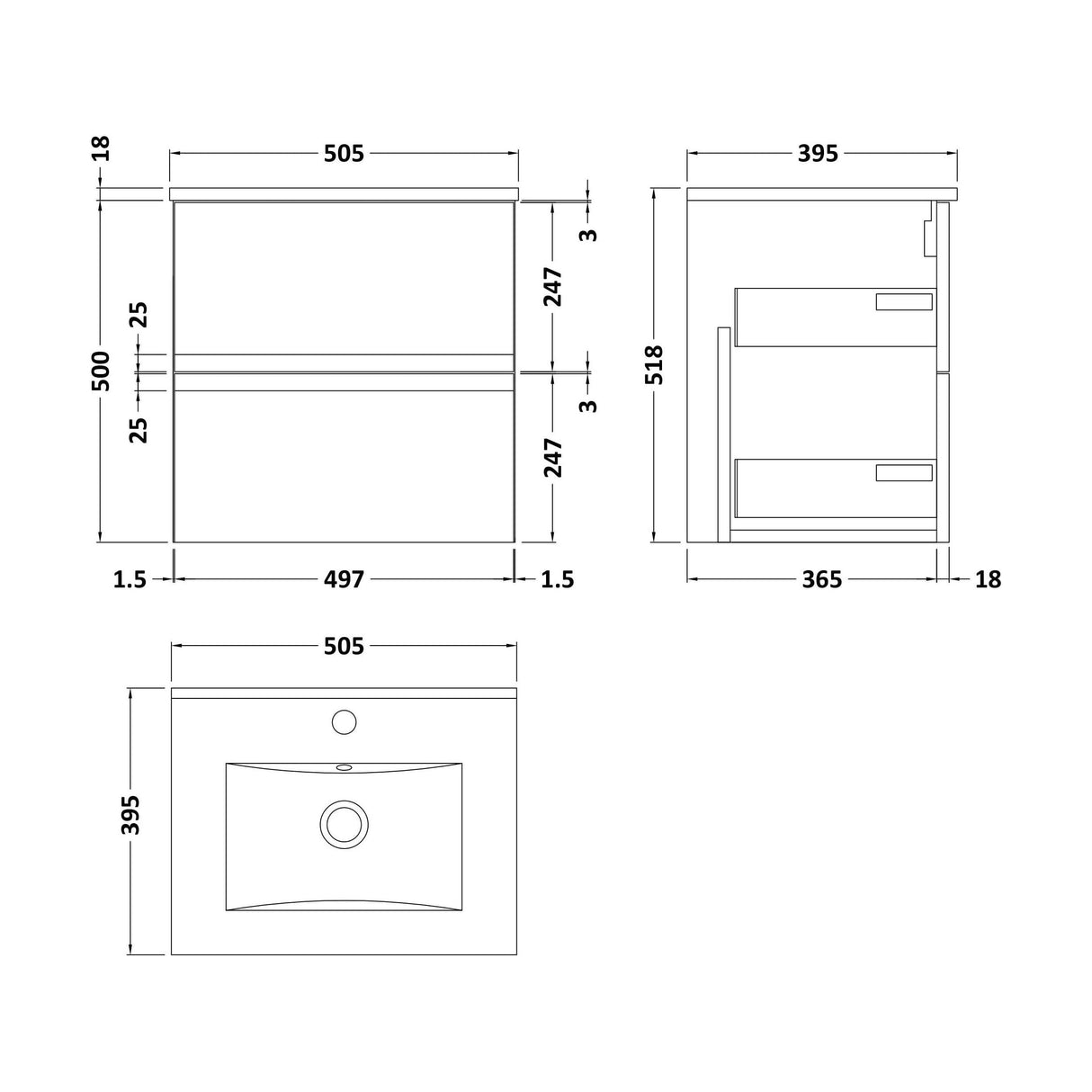 [BFRA102B] Mavesyn Contemporary 2 Drawer Wall Hung Vanity Unit with Minimalist Basin, Satin White, 500mm - Technical Drawing