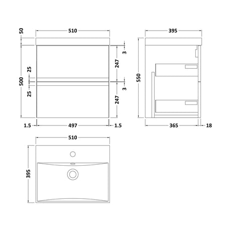 [BFRA102D] Mavesyn Contemporary 2 Drawer Wall Hung Vanity Unit with Thin Edge Basin, Satin White, 500mm - Technical Drawing