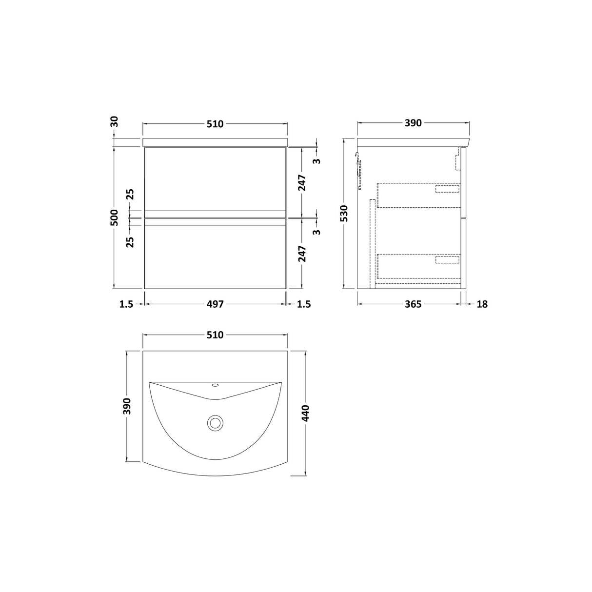 [BFRA102G] Mavesyn Contemporary 2 Drawer Wall Hung Vanity Unit with Curved Basin - Choice of Size and Colour - Technical Drawing
