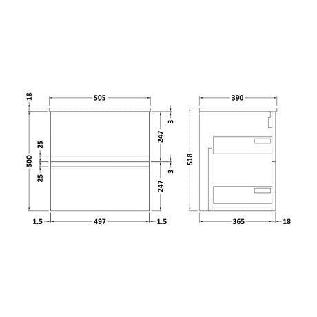 [BFRA102W] Mavesyn Contemporary 2 Drawer Wall Hung Vanity Unit with Worktop, Satin White, 500mm - Technical Drawing