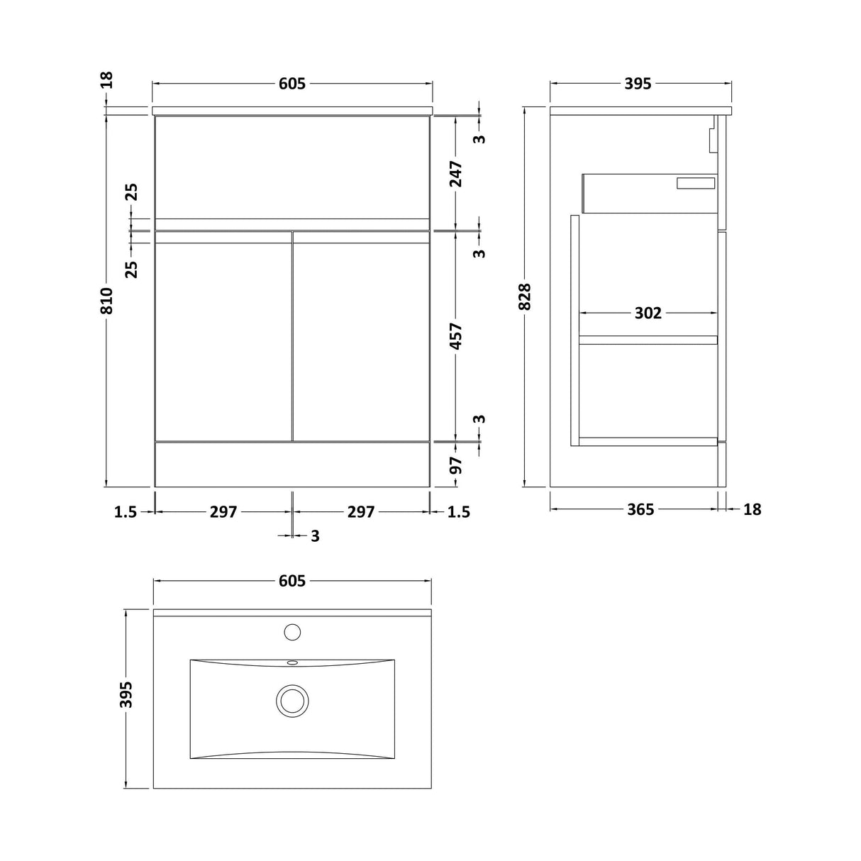 [BFRA103B] Mavesyn Contemporary 2 Door 1 Drawer Floor Standing Vanity Unit with Minimalist Basin, Satin White, 600mm - Technical Drawing