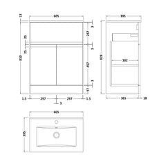 [BFRA103B] Mavesyn Contemporary 2 Door 1 Drawer Floor Standing Vanity Unit with Minimalist Basin, Satin White, 600mm - Technical Drawing