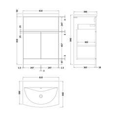 [BFRA103G] Mavesyn Contemporary 2 Door 1 Drawer Floor Standing Vanity Unit with Curved Basin - Choice of Size and Colour - Technical Drawing