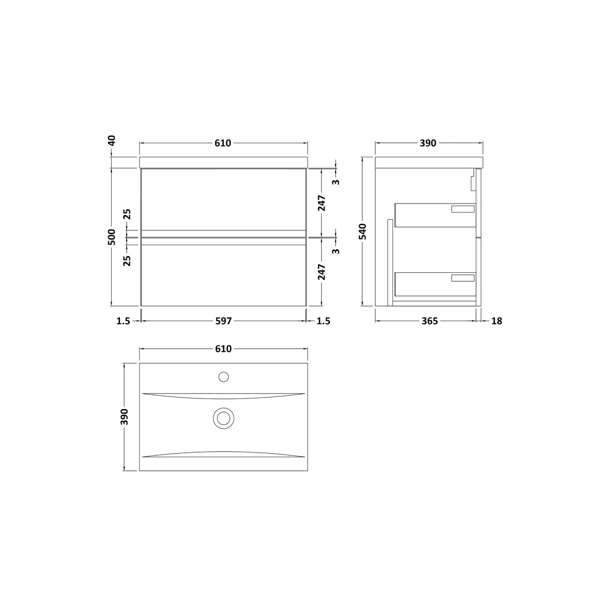 [BFRA104A] Mavesyn Contemporary 2 Drawer Wall Hung Vanity Unit with Mid-Edge Basin - Choice of Size and Colour - Technical Drawing