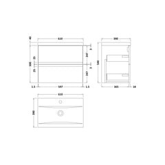 [BFRA104A] Mavesyn Contemporary 2 Drawer Wall Hung Vanity Unit with Mid-Edge Basin - Choice of Size and Colour - Technical Drawing