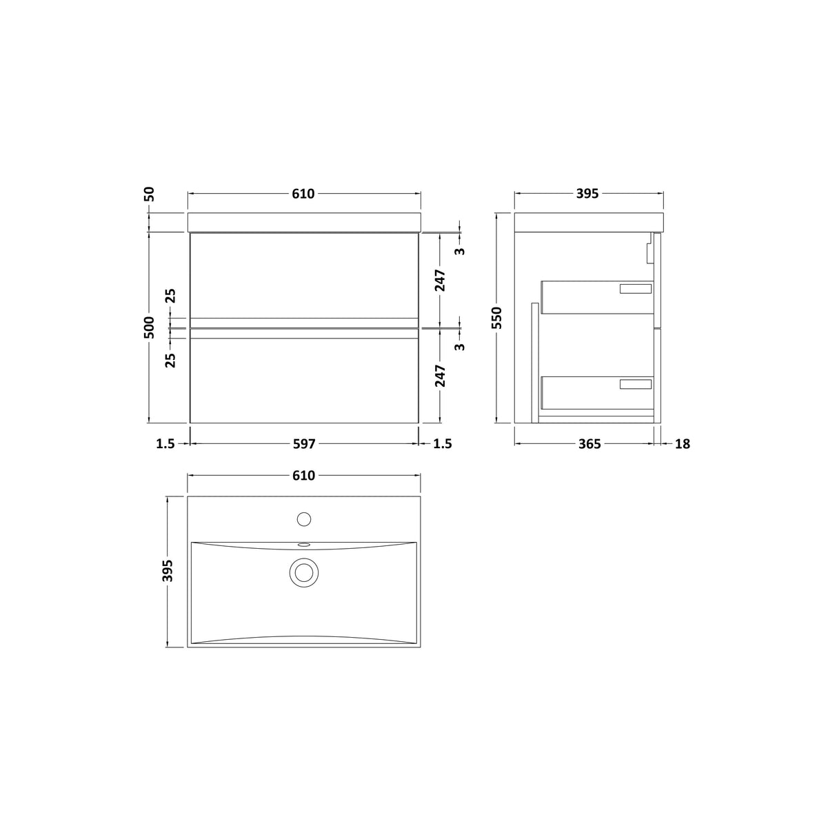[BFRA104D] Mavesyn Contemporary 2 Drawer Wall Hung Vanity Unit with Thin Edge Basin - Choice of Size and Colour - Technical Drawing