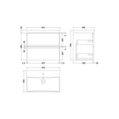 [BFRA104D] Mavesyn Contemporary 2 Drawer Wall Hung Vanity Unit with Thin Edge Basin - Choice of Size and Colour - Technical Drawing