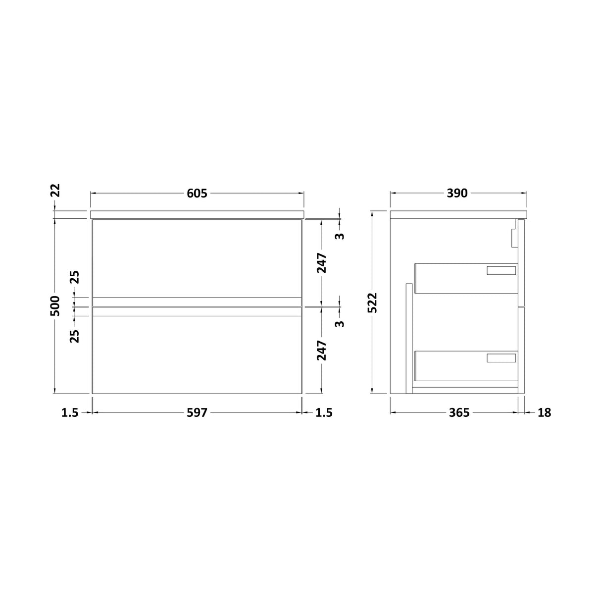 [BFRA104LBG] Mavesyn Contemporary 2 Drawer Wall Hung Vanity Unit with Laminate Worktop, Satin White, 600mm - Technical Drawing