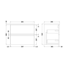 [BFRA104LBG] Mavesyn Contemporary 2 Drawer Wall Hung Vanity Unit with Laminate Worktop, Satin White, 600mm - Technical Drawing