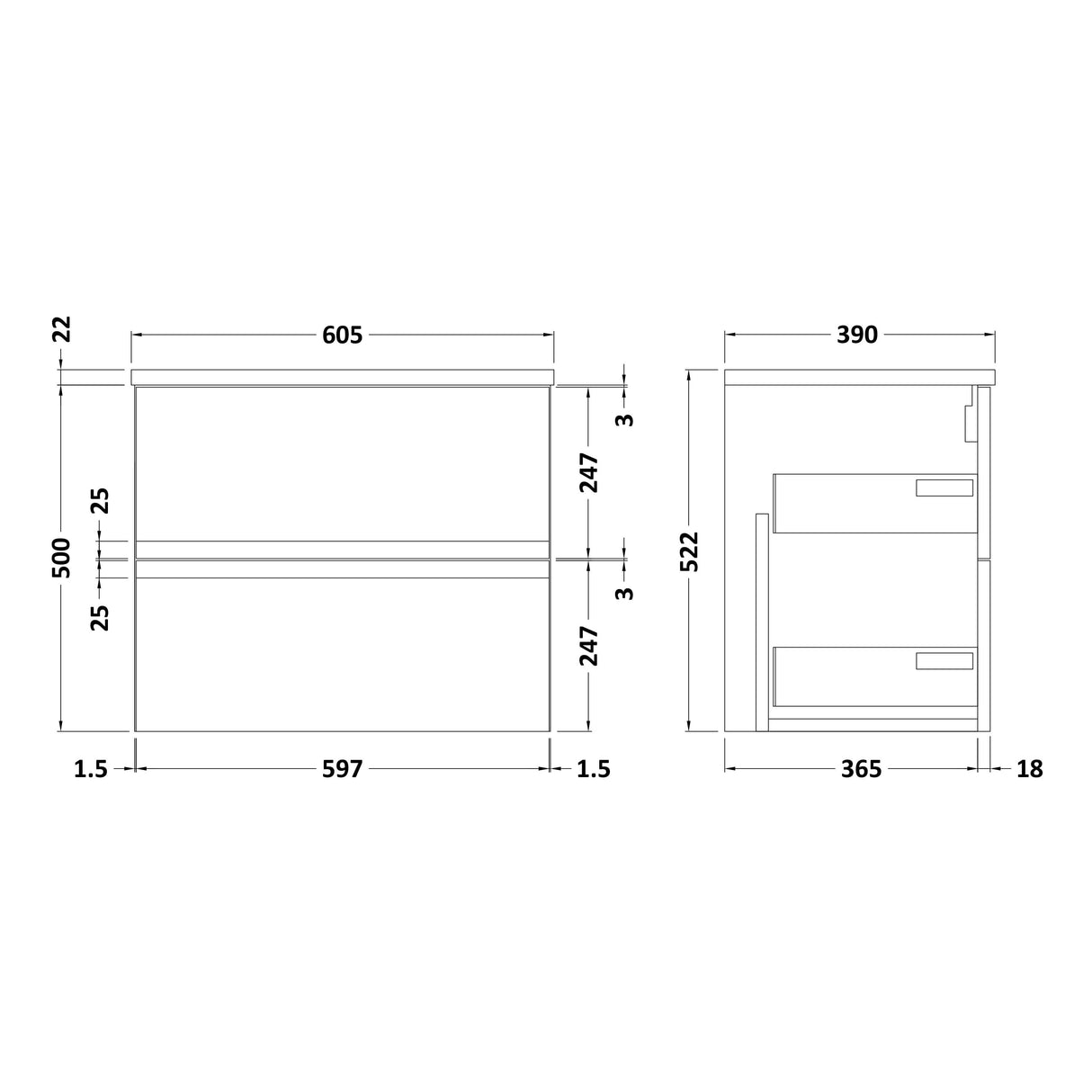 [BFRA104LCM] Mavesyn Contemporary 2 Drawer Wall Hung Vanity Unit with Laminate Worktop - Choice of Size and Colour - Technical Drawing