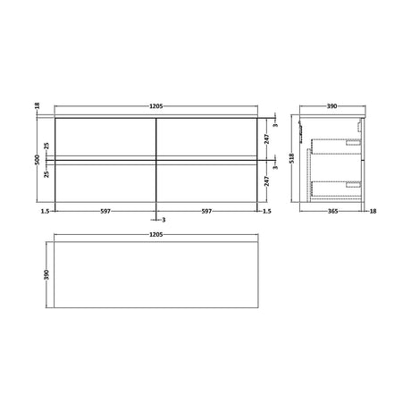 [BFRA104W2] Mavesyn Contemporary 4 Drawer Wall Hung Vanity Unit with Worktop, Satin White, 1200mm - Technical Drawing
