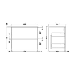 [BFRA104W] Mavesyn Contemporary 2 Drawer Wall Hung Vanity Unit with Worktop, Satin White, 600mm - Technical Drawing