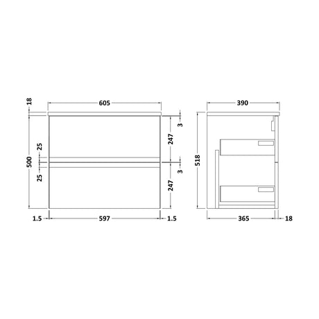 [BFRA104W] Mavesyn Contemporary 2 Drawer Wall Hung Vanity Unit with Worktop, Satin White, 600mm - Technical Drawing