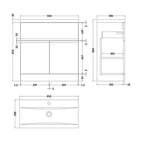 [BFRA105A] Mavesyn Contemporary 2 Door 1 Drawer Floor Standing Vanity Unit with Mid-Edge Basin, Satin White, 800mm - Technical Drawing