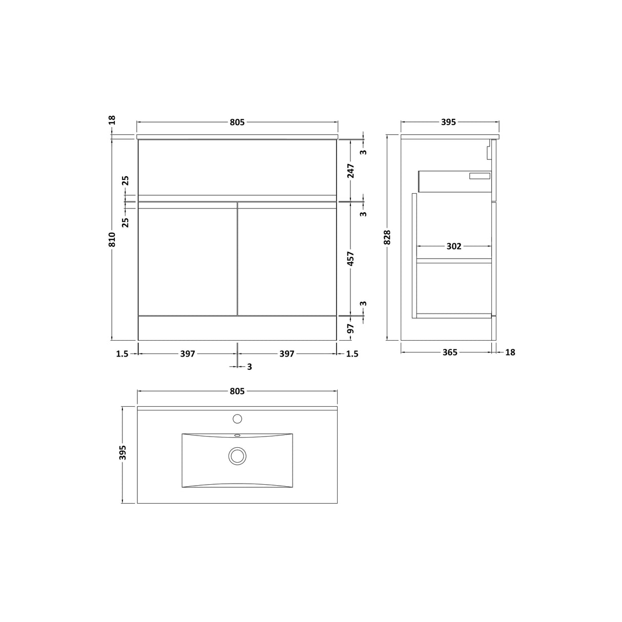[BFRA105B] Mavesyn Contemporary 2 Door 1 Drawer Floor Standing Vanity Unit with Minimalist Basin - Choice of Size and Colour - Technical Drawing